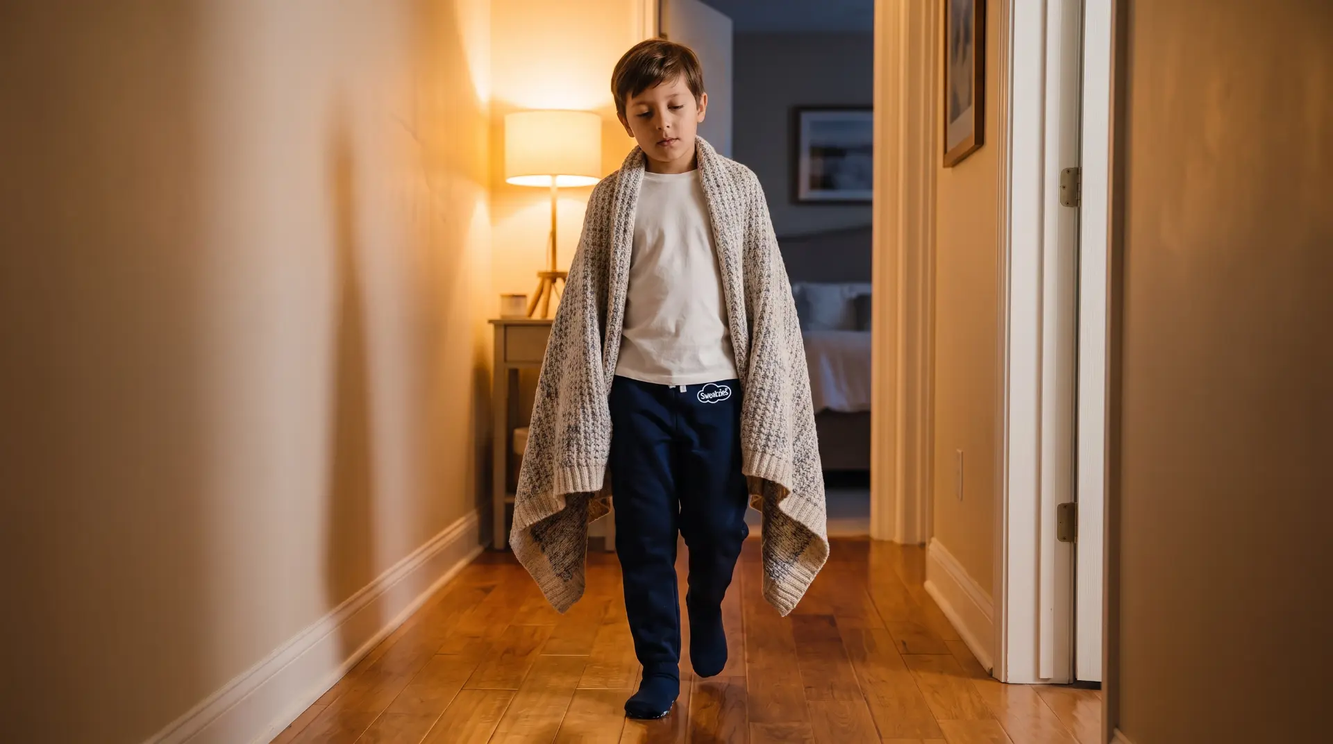 Child in Sweatzies walking down the hallway wrapped in a blanket