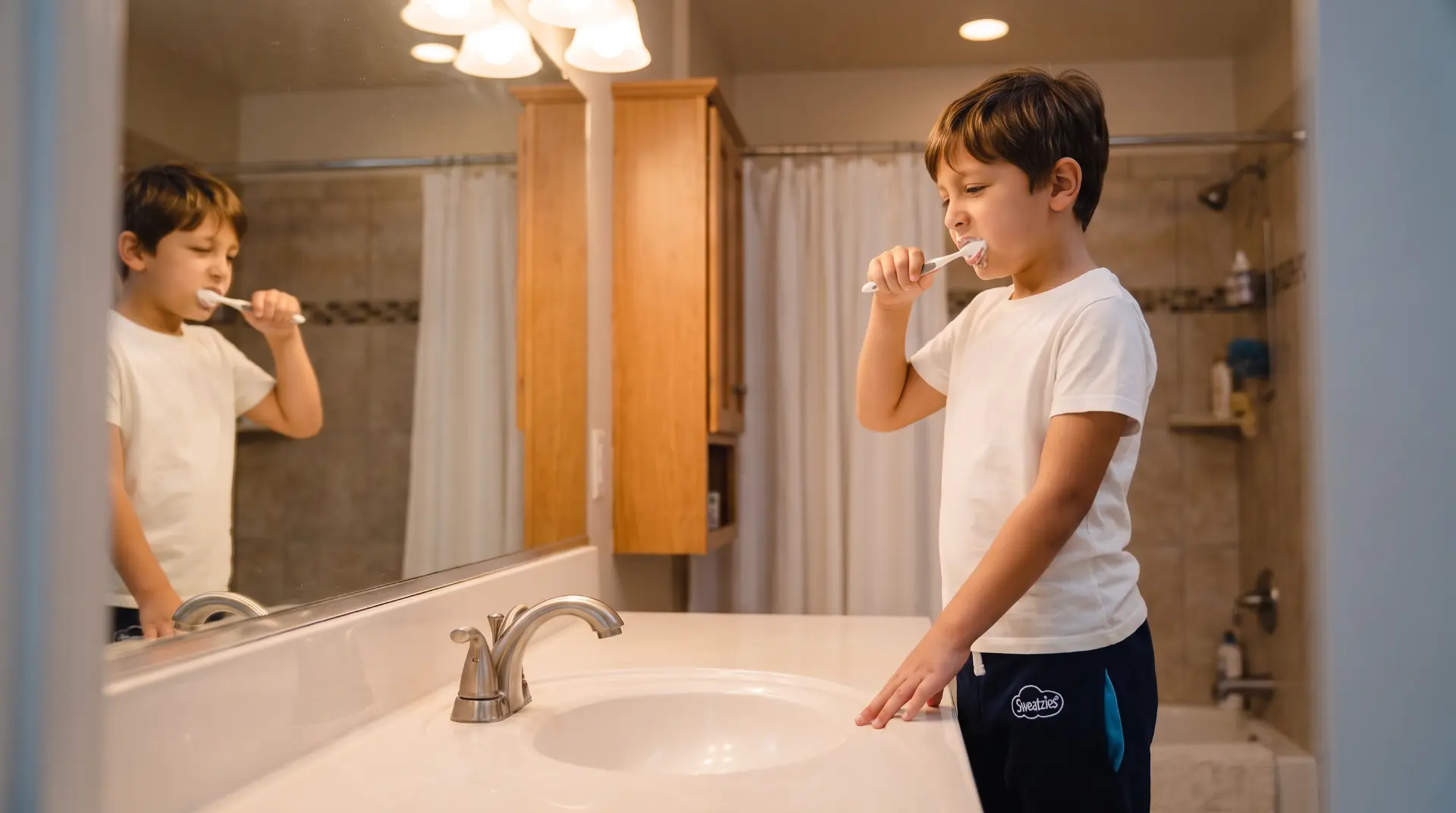 Child in Sweatzies brushing their teeth in the bathroom