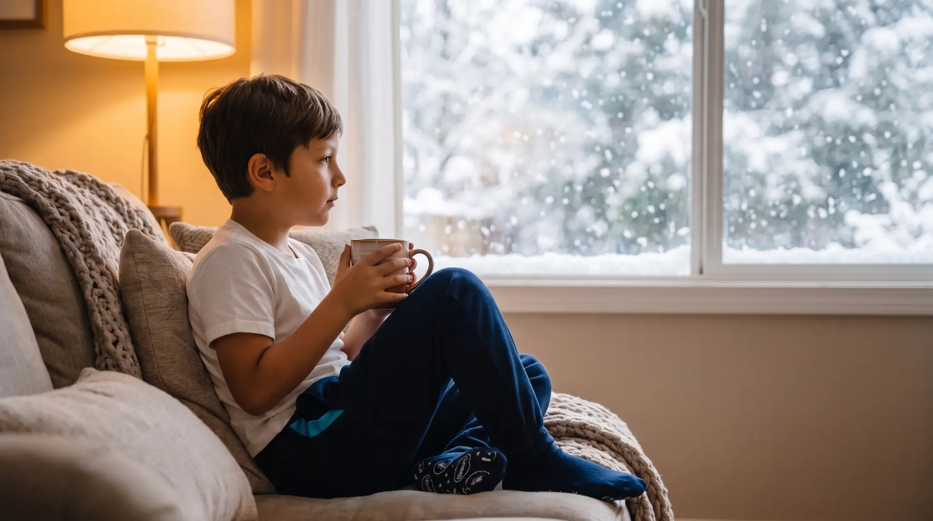 Kid in Sweatzies drinking hot cocoa on the couch