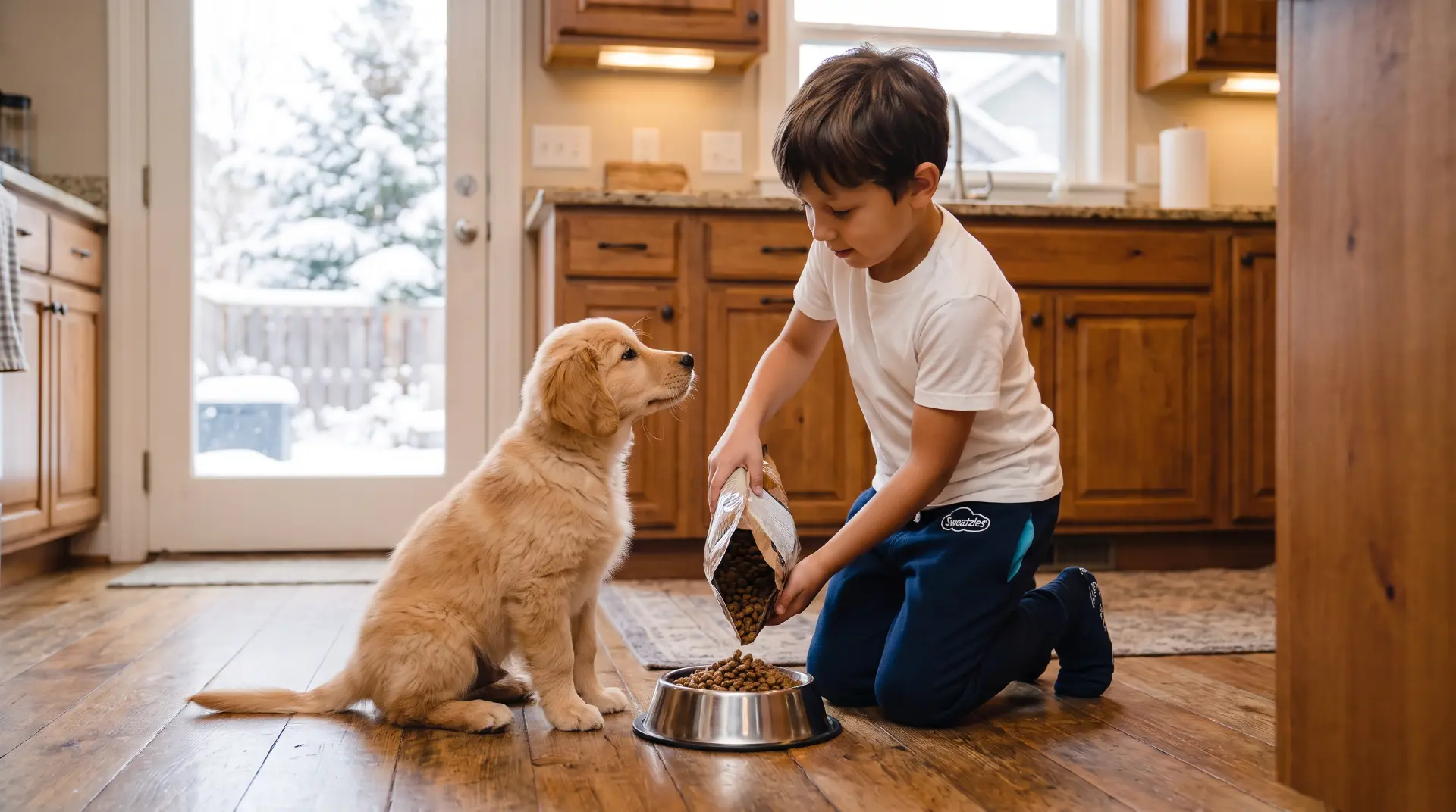 Child in Sweatzies feeding the puppy in the kitchen
