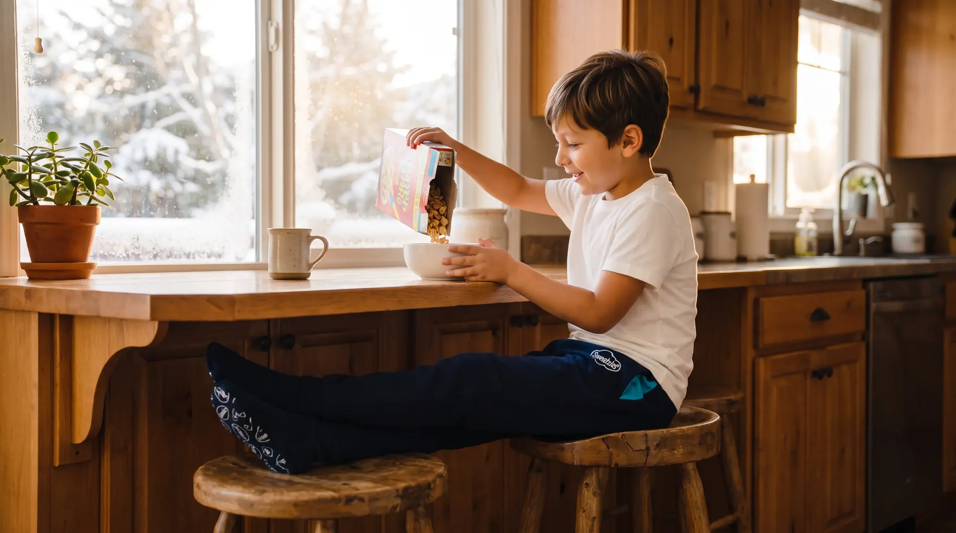 Child in Sweatzies pouring breakfast cereal at the kitchen counter