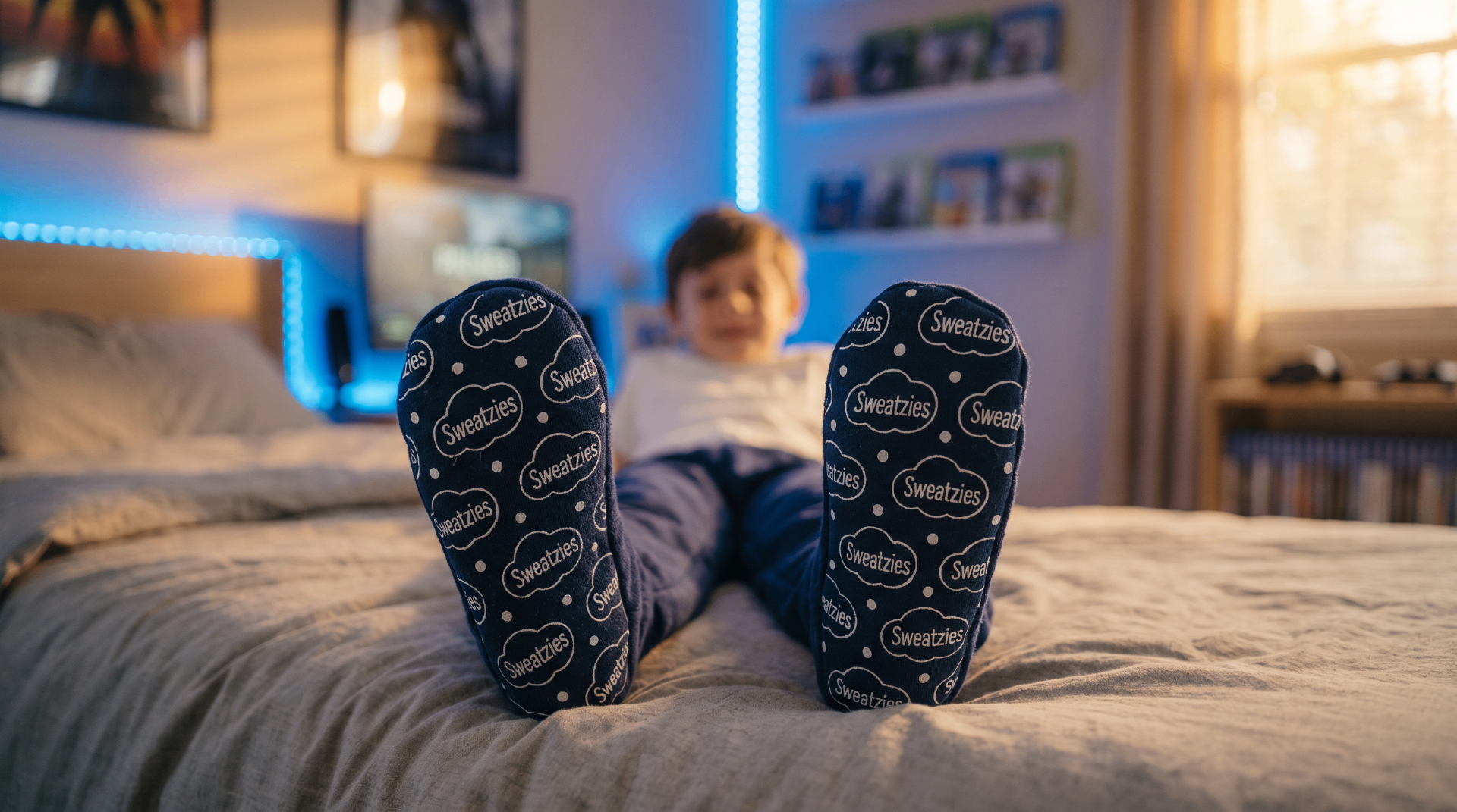 Kid relaxing in bed showing Sweatzies Sky Soles
