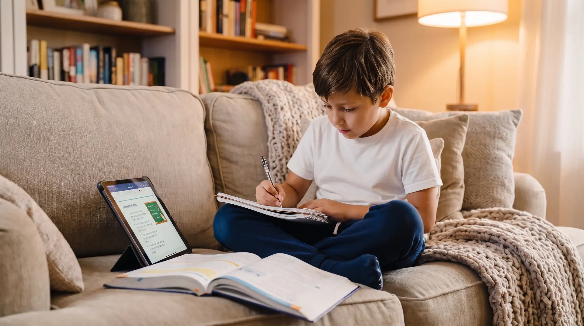 Child in Sweatzies doing homework on the couch